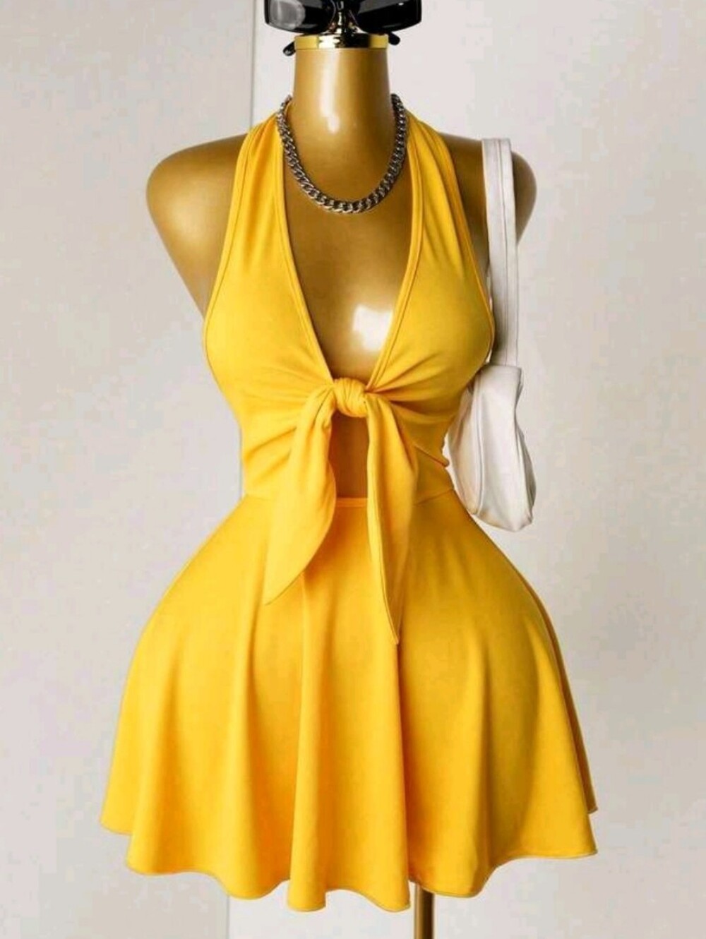 Shein Mistrie Women's Sexy Halter Solid Color Summer Dress In Yellow Size Large